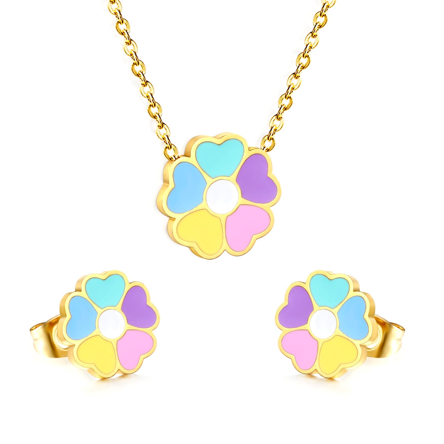 Colorful Flowers Set Steel/Gold Earrings:10.4*10.4mm Pendant:12.2*11.8mm 0.3 Cross Chain 42+5cm+6mm Round Plaque asonjewelry